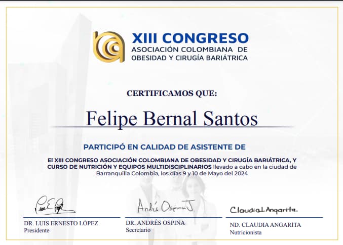 XIII CONGRESO ASOCIACIÓN COLOMBIANA DE OBESIDAD Y CIRUGÍA BARIÁTRICA, Y CURSO DE NUTRICIÓN Y EQUIPOS MULTIDISCIPLINARIOS - Dr. Felipe Bernal - Cirujano Bariátrico en Bogotá