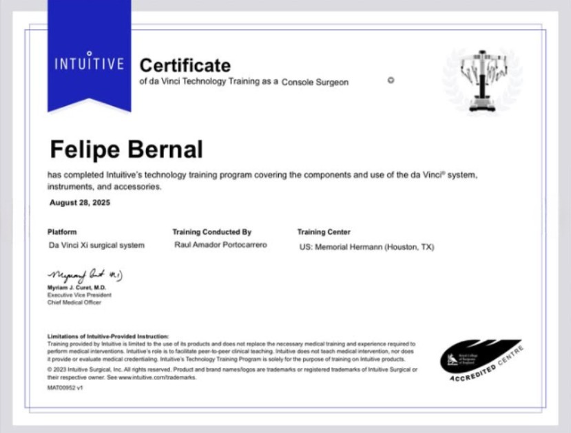 Cirugía bariátrica robótica con certificación oficial-Dr. Felipe Bernal
