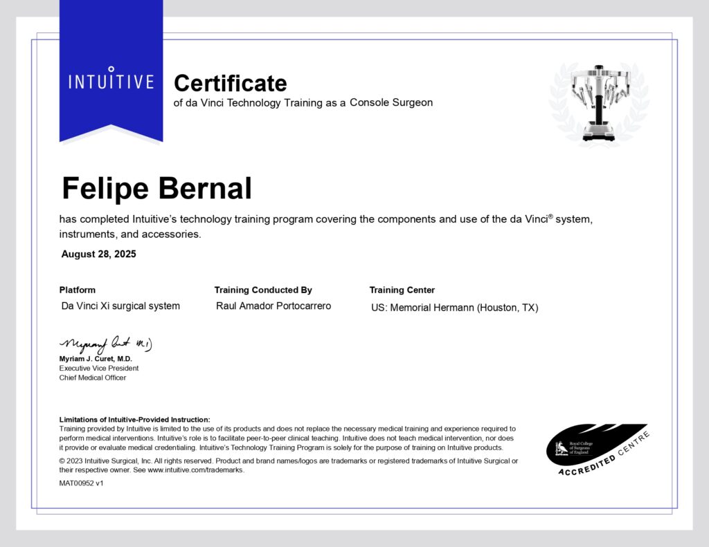 Certificación en Cirugía Robótica con Robot Da Vinci Xi - Dr. Felipe Bernal - Cirujano Bariátrico en Bogotá